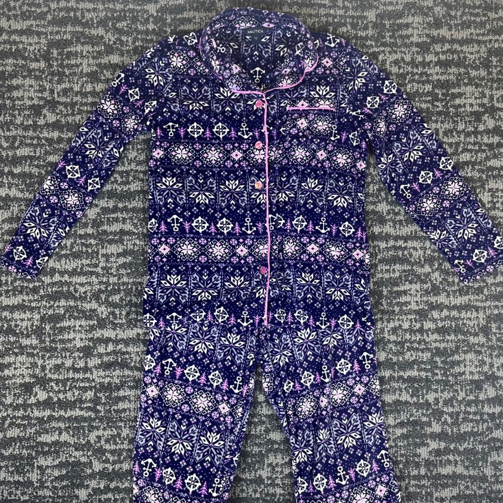Nautica Women Pajama Set S Purple Fleece Fair‎ Isle Anchor Snowflake Button Down